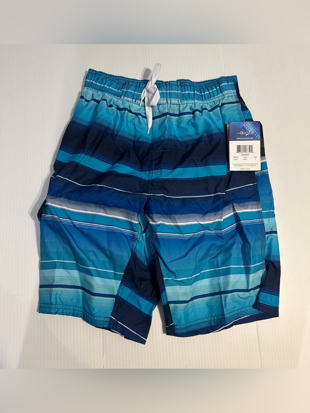 Kanu Surf Barracuda Horizon Swim Trunks S Blue Striped Y2K Board Shorts NWT